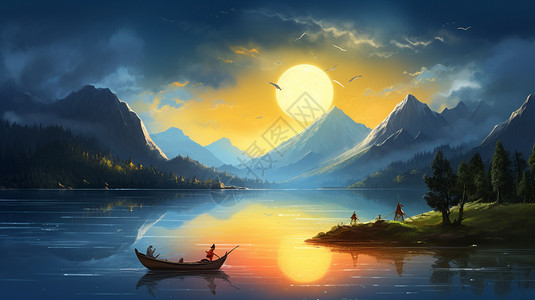 湖面的小船和远山的风景图片