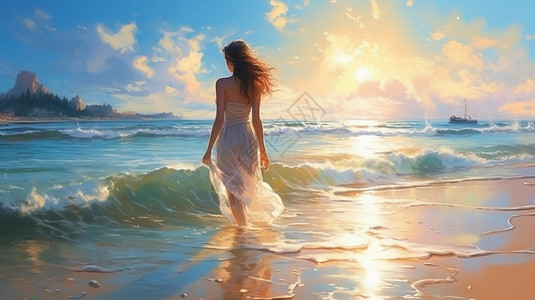 夏日海边的美女背影背景图片