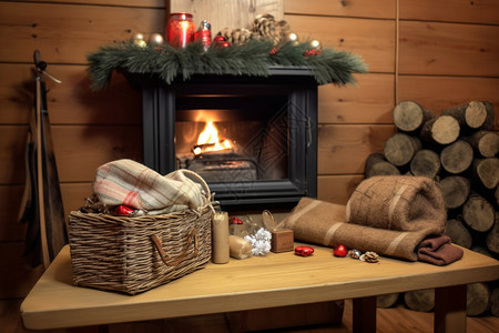 圣诞木屋壁炉旁的节日礼物背景