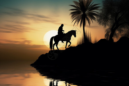 夕阳下骑马的男人插画背景图片