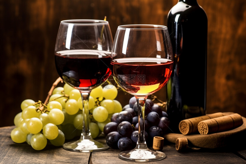 桌子上的葡萄和酒图片