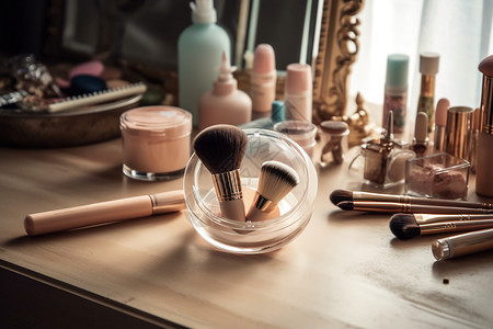 时尚美妆产品桌子上的化妆工具背景