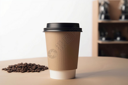 咖啡豆包装桌子上摆放着的咖啡杯和咖啡豆背景