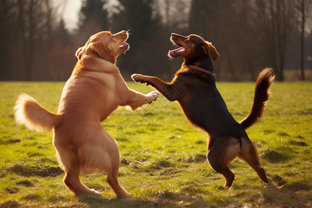 公园草地上两只狗狗在玩耍高清图片