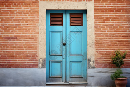 古老建筑中的蓝色木门高清图片