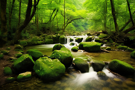 岩石上的青苔河流高清图片素材