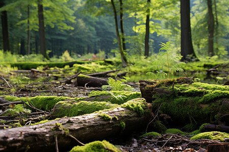 森林中的树桩和植物苔藓高清图片素材
