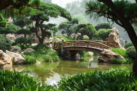 园林中的拱桥和松树图片