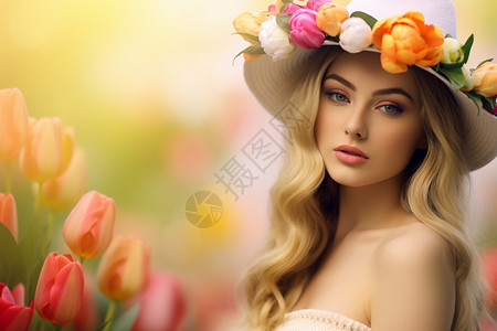 郁金香花丛中的女人图片