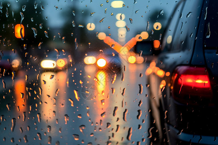 车视觉雨滴打湿的汽车玻璃背景