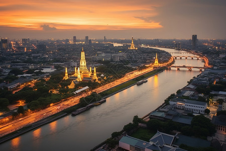 泰国宗教黄昏下的曼谷景象背景