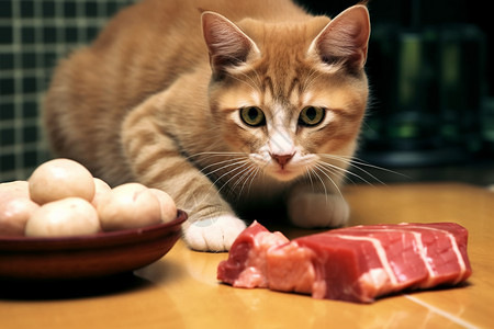 饥饿的小猫一块生肉和猫咪背景