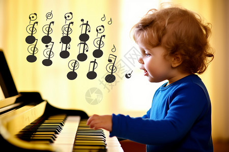 男孩弹钢琴婴儿的乐器教育设计图片