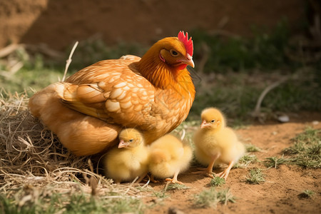 农舍中的母鸡和鸡仔图片