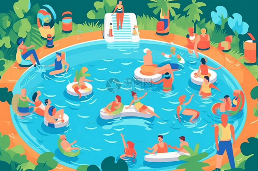 夏季泳池派对的艺术插图图片