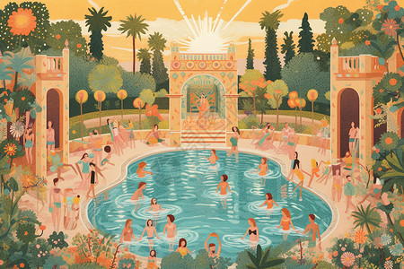 夏季度假酒店户外游泳池插图背景图片