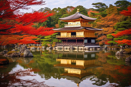 日本佛教深秋美丽的金阁寺背景