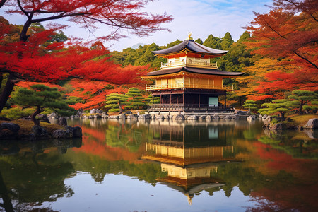 秋季湖面上的金阁寺图片