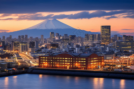 富士山脚下的城市景观背景图片