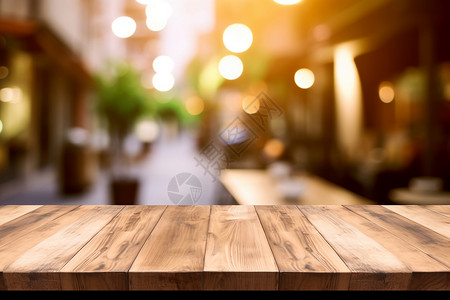 街边咖啡厅的木桌背景图片