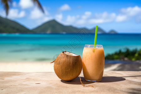 海边度假的风景和饮料图片