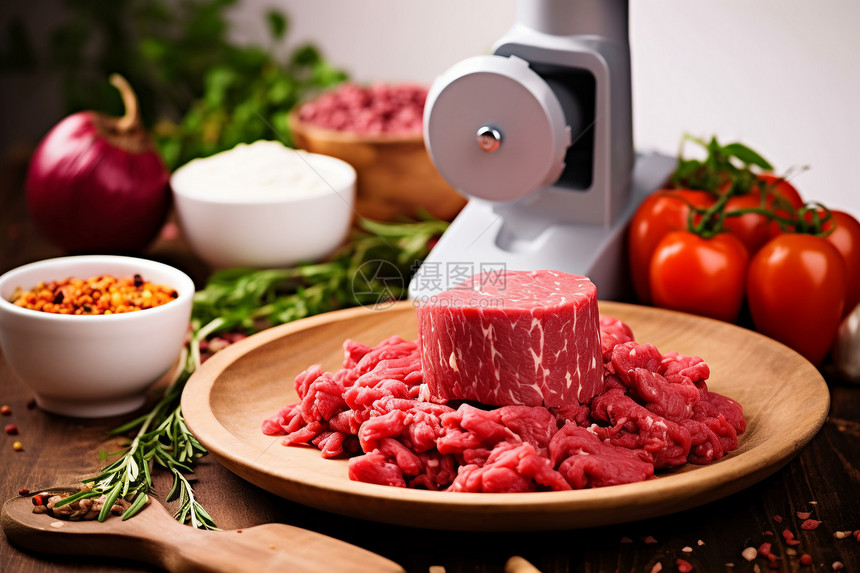 厨房的牛肉和绞肉机图片