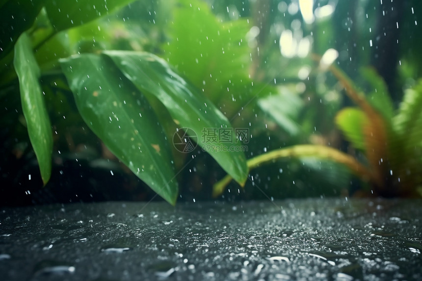 森林中路面滴落的雨滴图片
