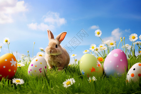 天空下兔子和彩蛋背景图片