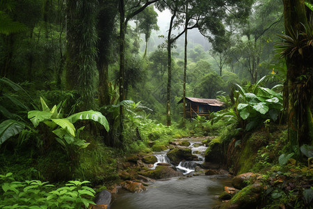 森林中的树木和湖泊雨林高清图片素材