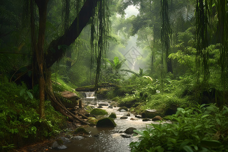 雨林中的河流和树木森林日高清图片素材