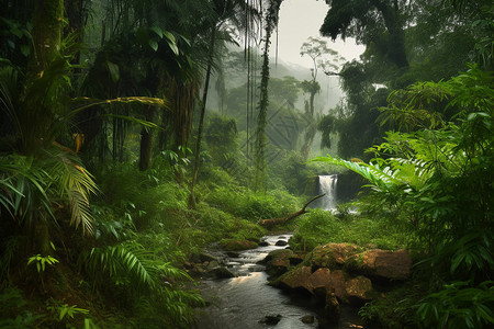 荒野中的河流和树木雨林高清图片素材
