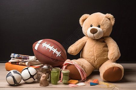 玩偶衣服桌子上的橄榄球等玩具背景