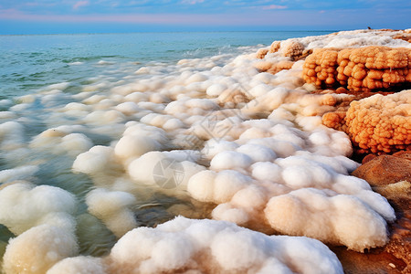 约旦死海盐湖里结晶的白盐背景