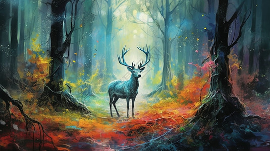 森林中孤独的麋鹿插画背景图片