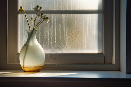 窗台前的磨砂花瓶背景图片