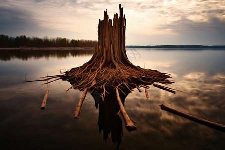 河流中枯萎的树桩木头高清图片素材
