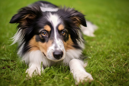 家养白色羊草地上的牧羊犬背景