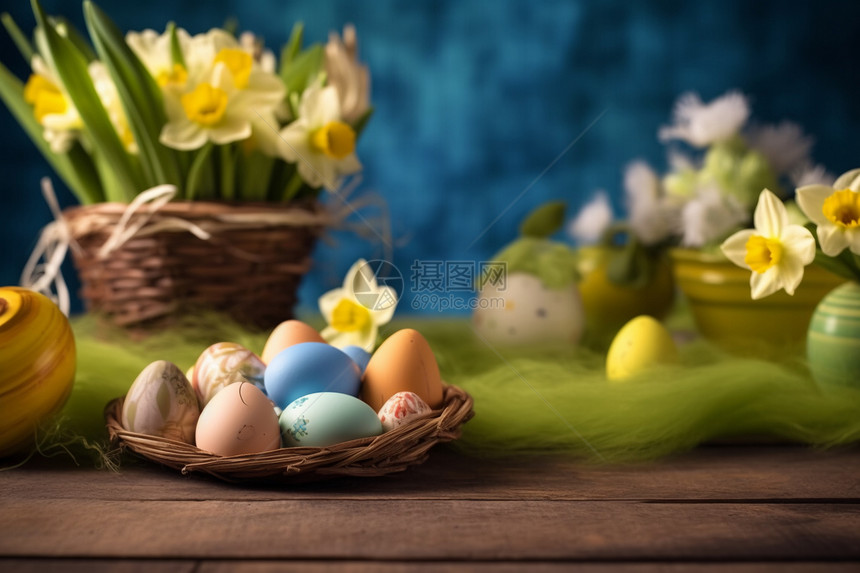 桌子上的鲜花彩蛋图片