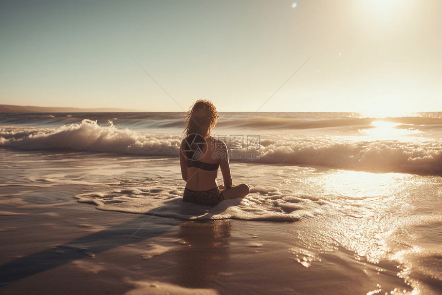 女人在宁静的海滩上练习瑜伽图片