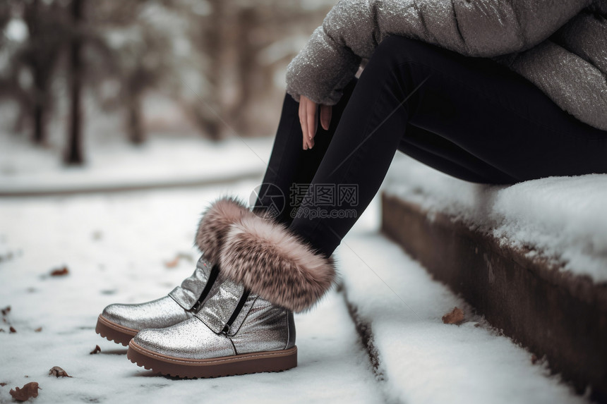 穿靴子在雪地坐着的女孩图片