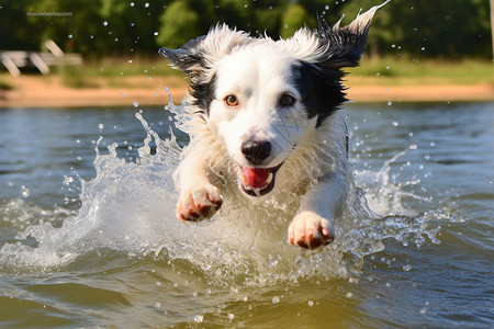 池塘戏水正在戏水的狗狗背景