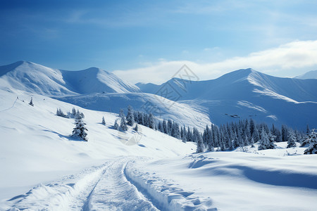 山脉中的冰雪和松树图片