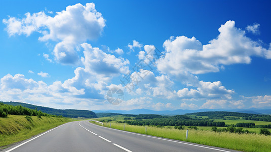 蓝天白云下的公路风景背景图片