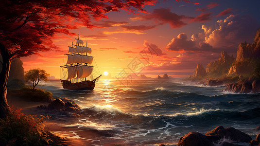 日落海洋上的船图片