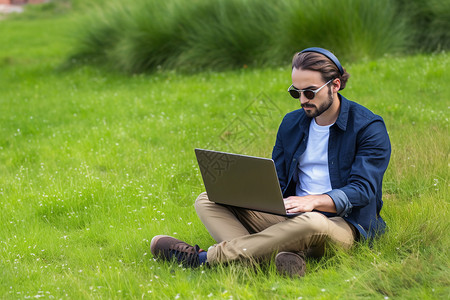 草地上男子互联网商务人士在草地上休闲办公背景