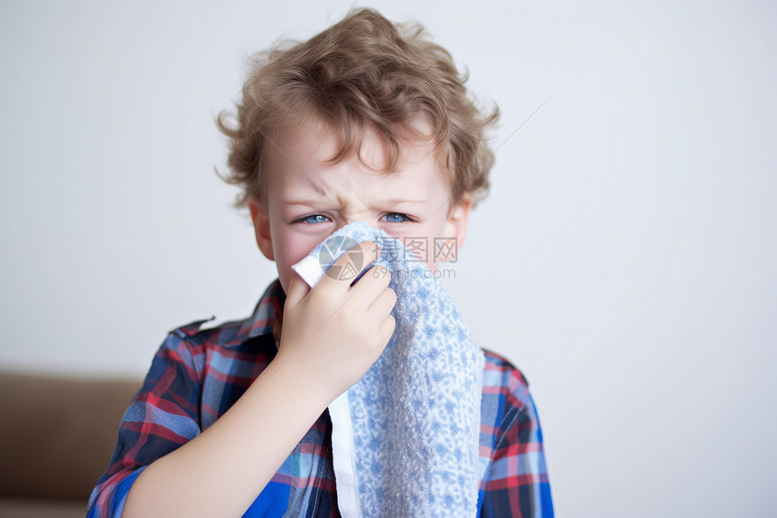 用毛巾捂着鼻子的男孩图片