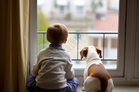 男孩和狗狗坐在窗口背景图片