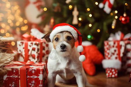 圣诞帽的小狗背景图片