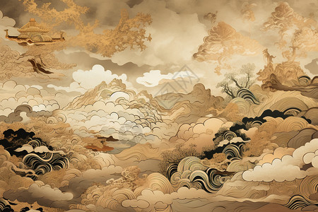 金色和米色的中式祥云背景图片