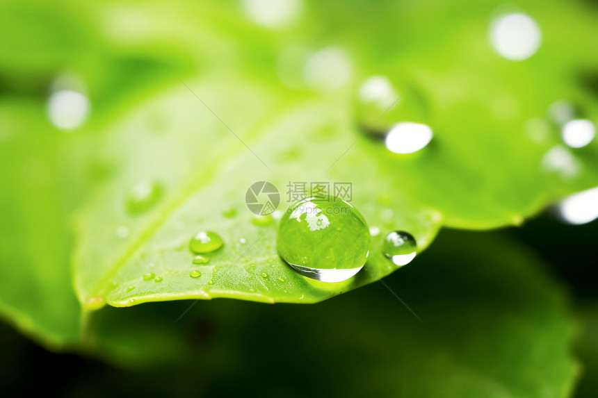 绿叶上的雨滴特写图片